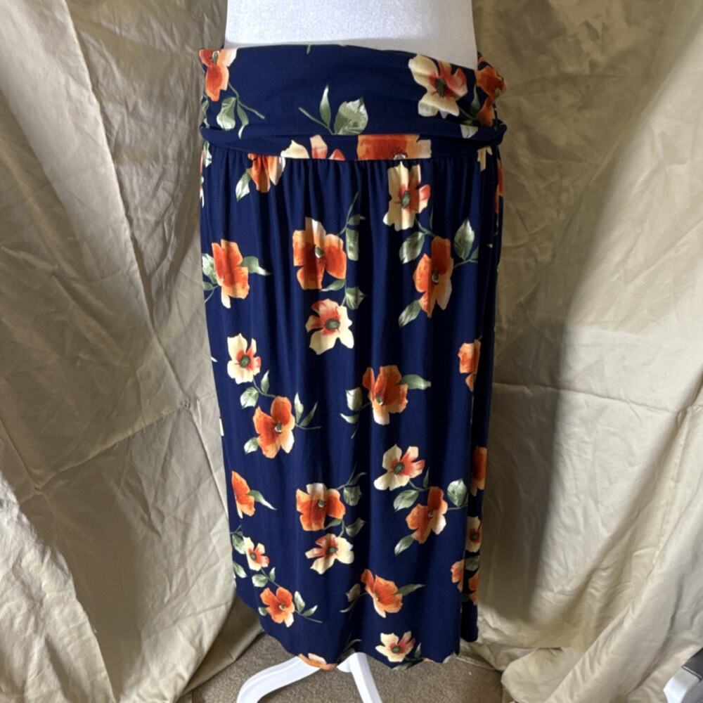 Sealed With A Kiss Floral Print Navy Maxi Skirt Plus Size 2X Elastic Waist